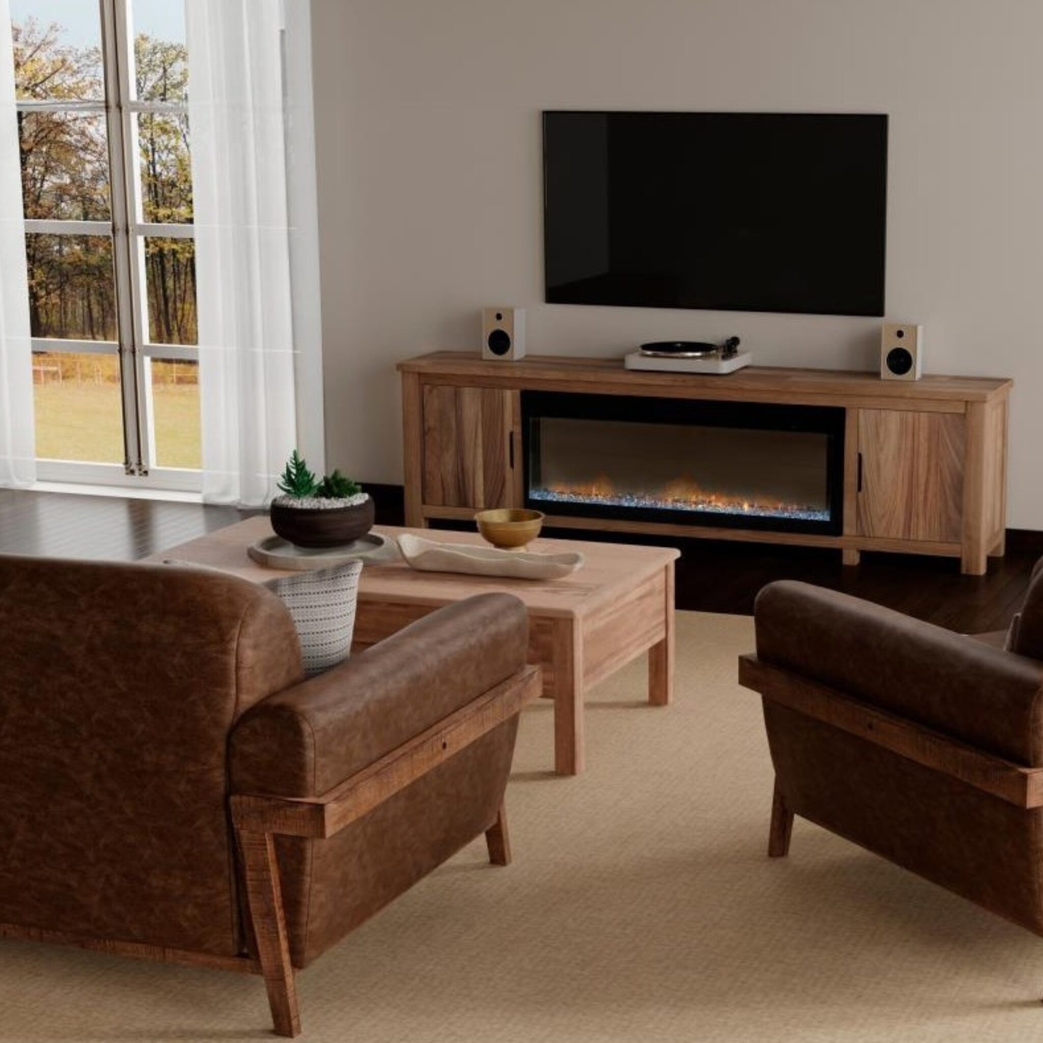 Natural Parota 93" TV Stand with Fireplace